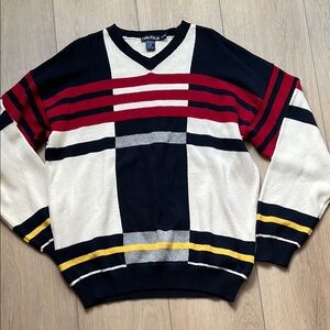 Nautica Men's V-Neck Sweater - Red, White, Black, Yellow Colorblock Size XL VTG
